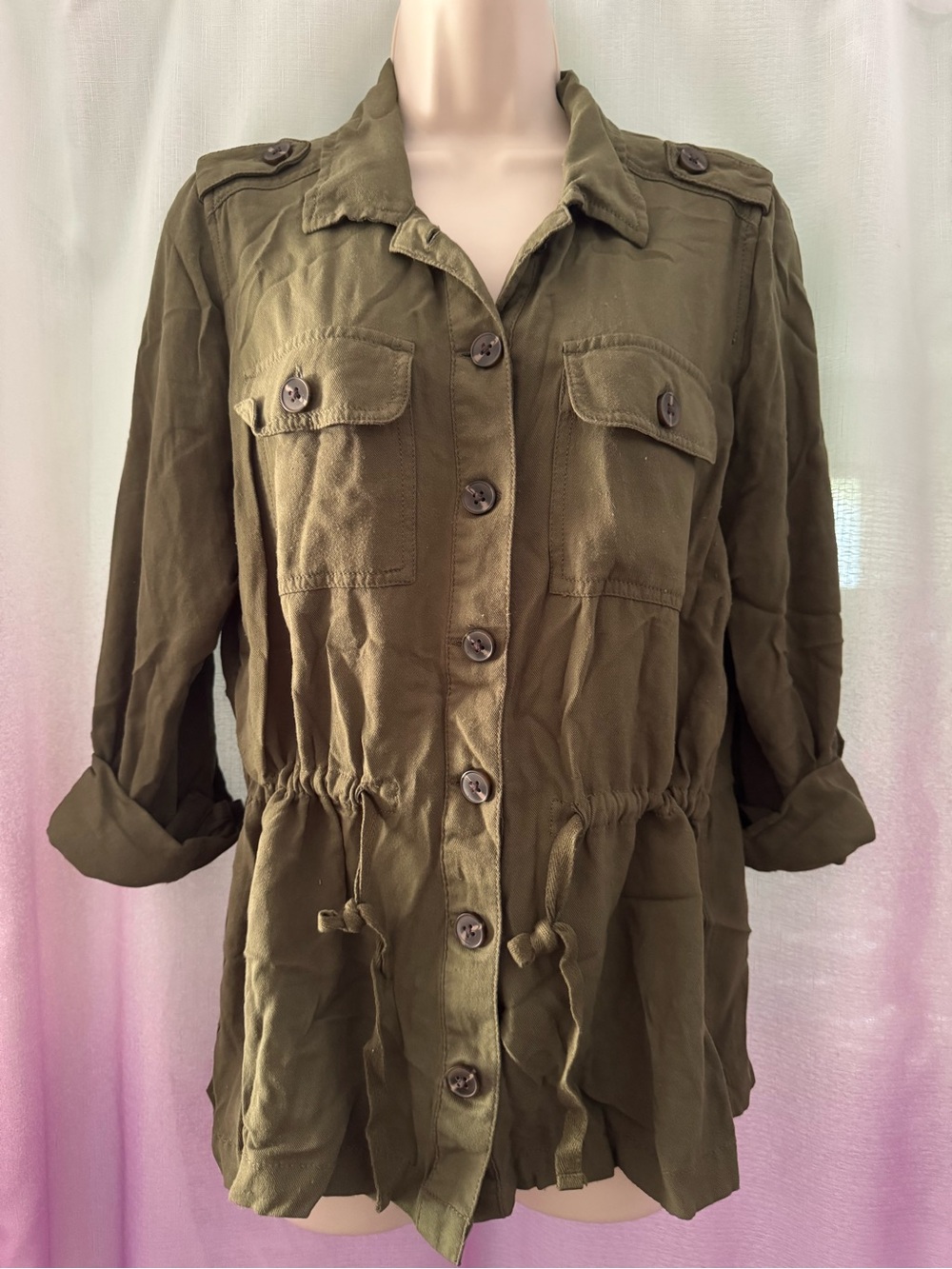 Women's Olive Drawstring Utility Jacket/Top